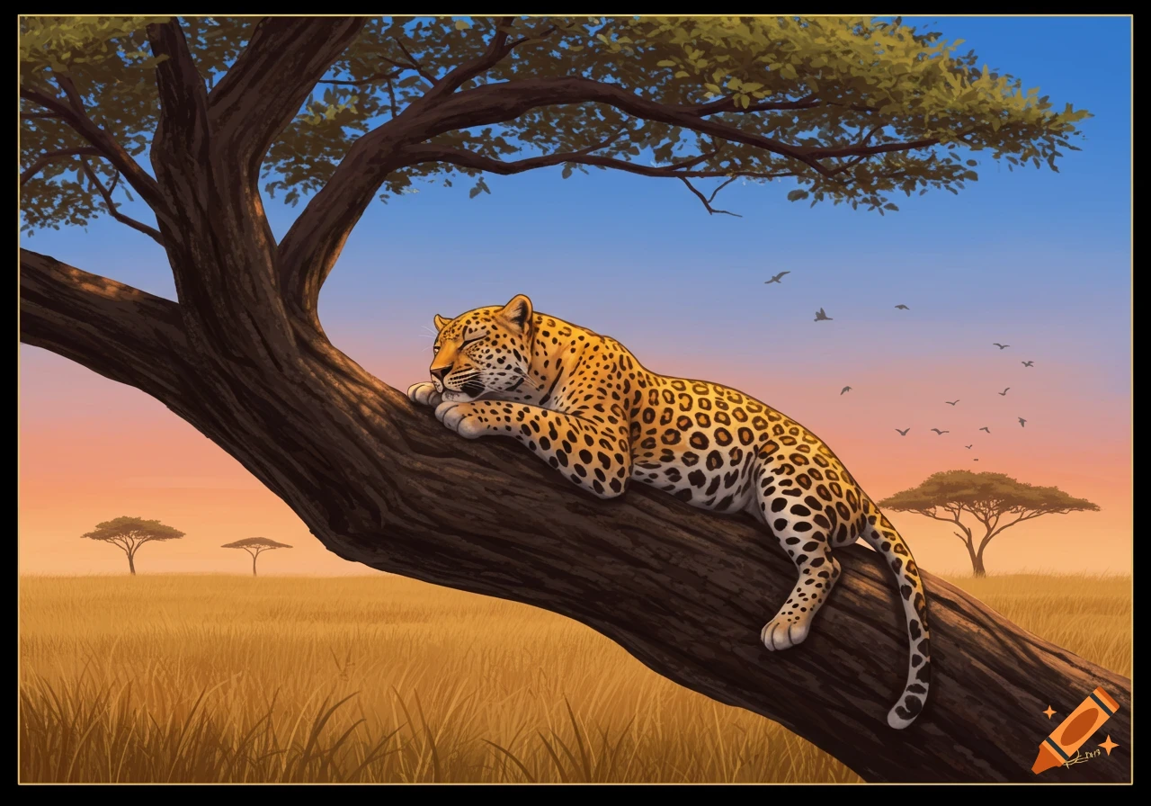 An illustration of a leopard sleeping peacefully on a large tree branch in a sunny savanna landscape.