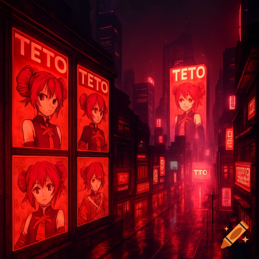 Neon red cityscape at night with anime-style character posters, digital art style.