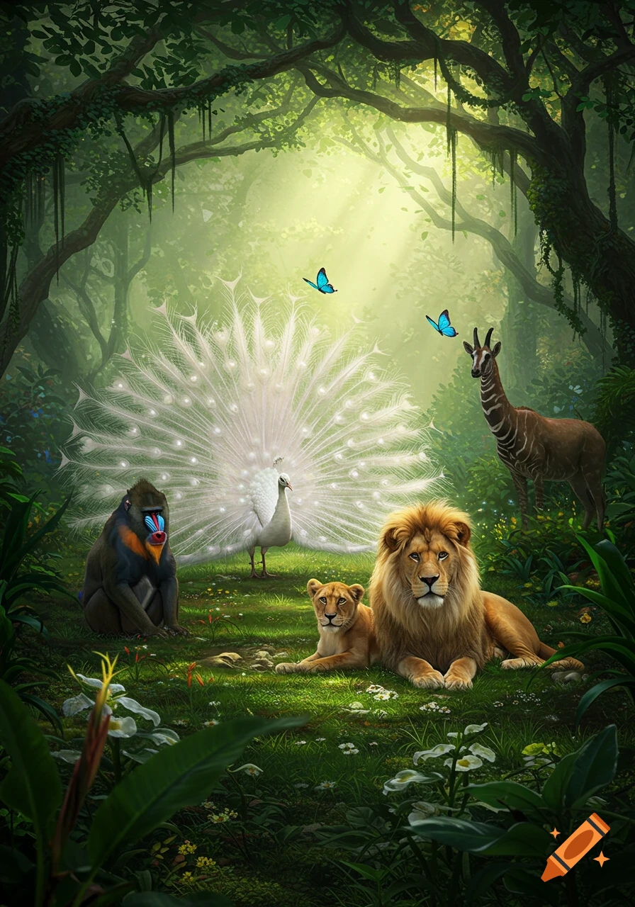 Photorealistic jungle scene with a white peacock, mandrill, lion, lioness, okapi, and blue butterflies in dappled sunlight.
