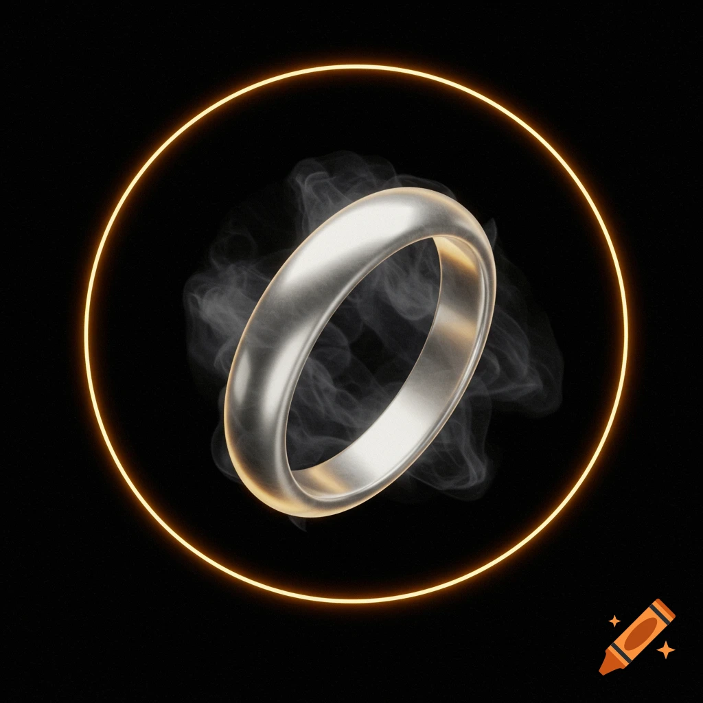 A smooth silver ring with wisps of smoke, encircled by a glowing orange-gold halo on a black background.