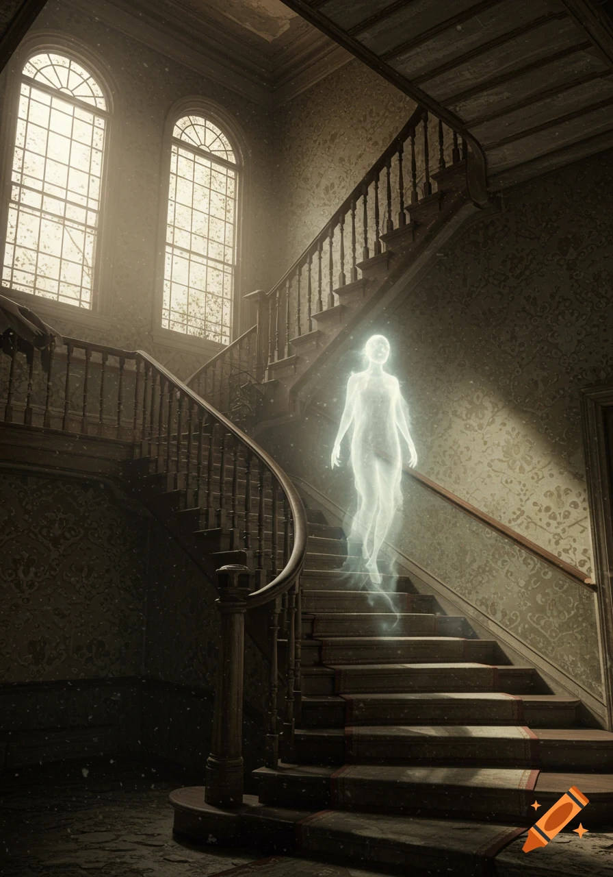 Ethereal ghost ascends a grand, dusty wooden staircase in an old mansion with light streaming through arched windows.
