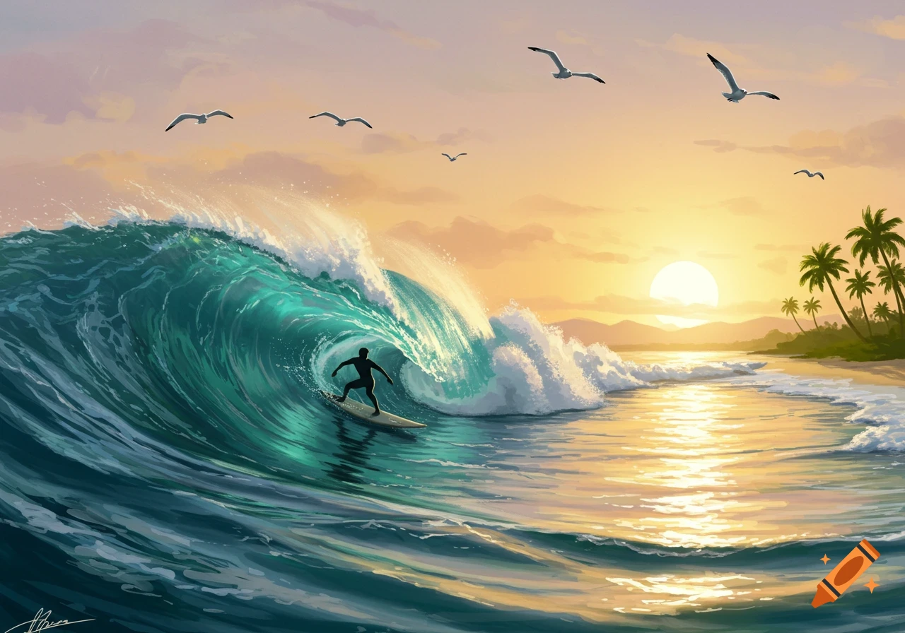 Illustration of a surfer riding a large teal wave at sunset on a beach with palm trees and seagulls.