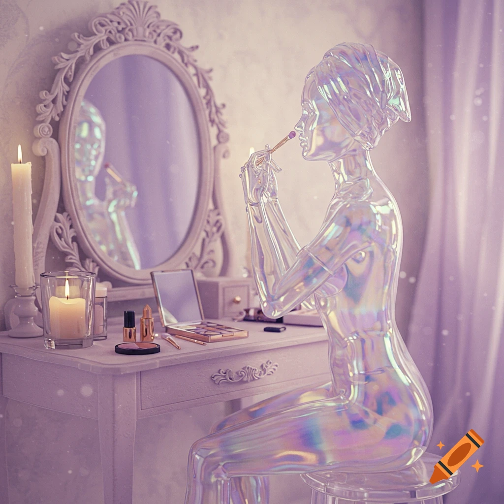 Ethereal iridescent glass woman applying makeup at a vanity table in a softly lit room.