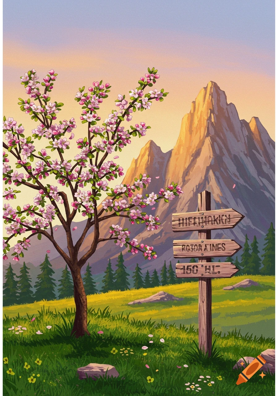 A vibrant illustration of a pink-blossomed tree next to a wooden signpost in a grassy field, with golden mountains and a blue sky in the background.
