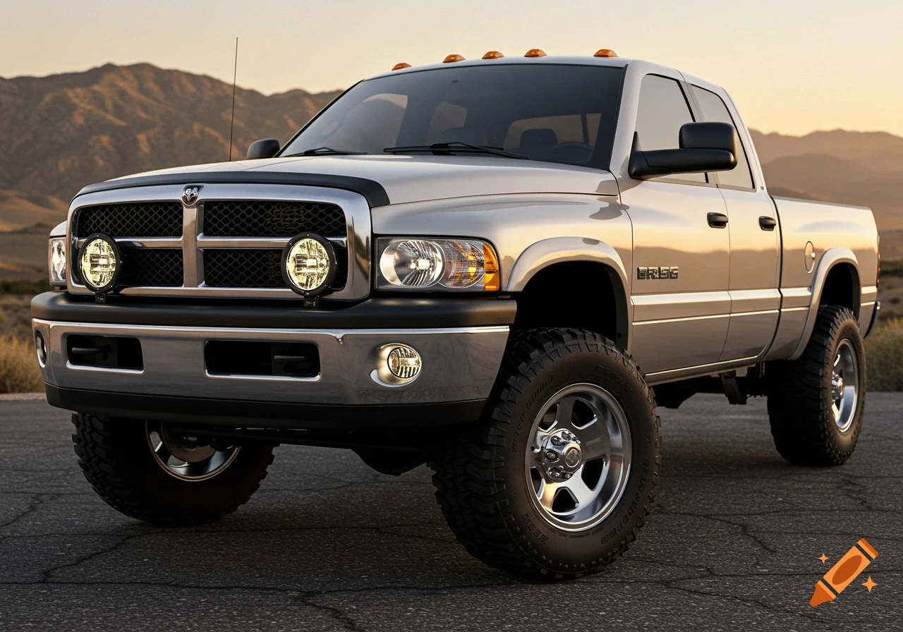 A lifted silver Dodge Ram 2500 pickup truck with large off-road lights and tires, parked on asphalt with mountains in the background.