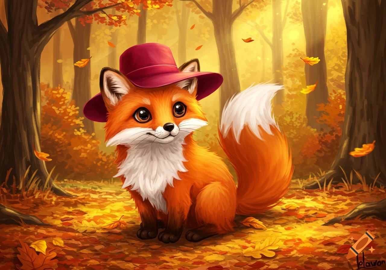 A cute cartoon fox wearing a red hat sits among fallen autumn leaves in ...