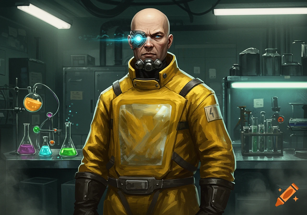 A bald man with a glowing mechanical eye, wearing a yellow hazmat suit, stands in a dimly lit science laboratory.