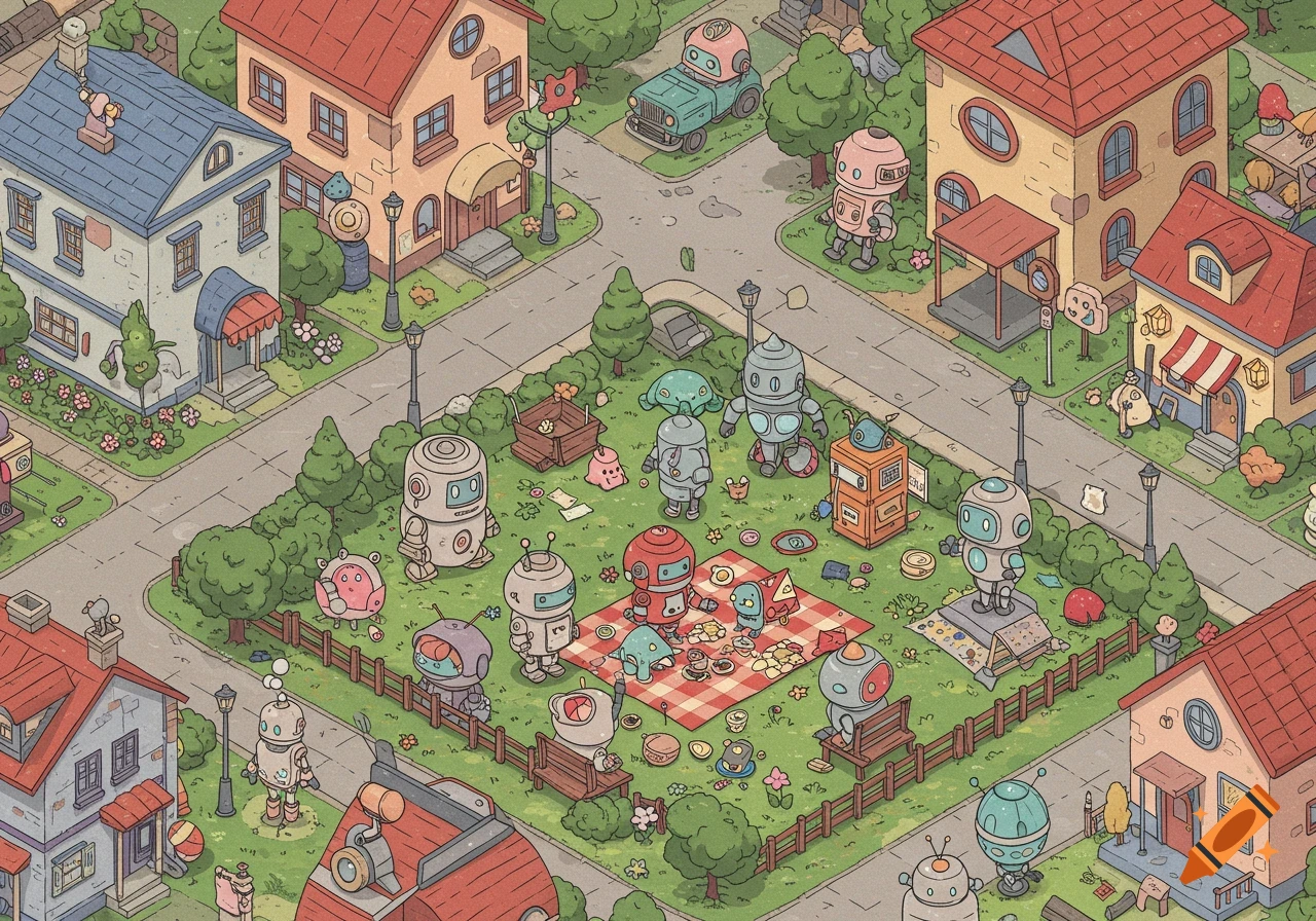 An isometric cute cartoon illustration of robots having a picnic and interacting in a lively neighborhood.