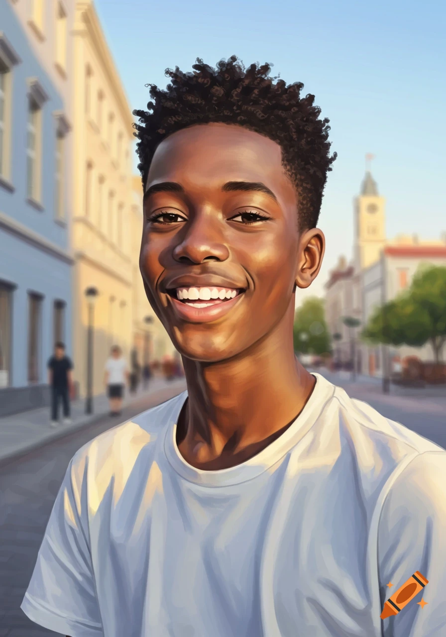 A smiling young Black man with short curly hair in a white t-shirt stands on a city street in a vibrant illustration.