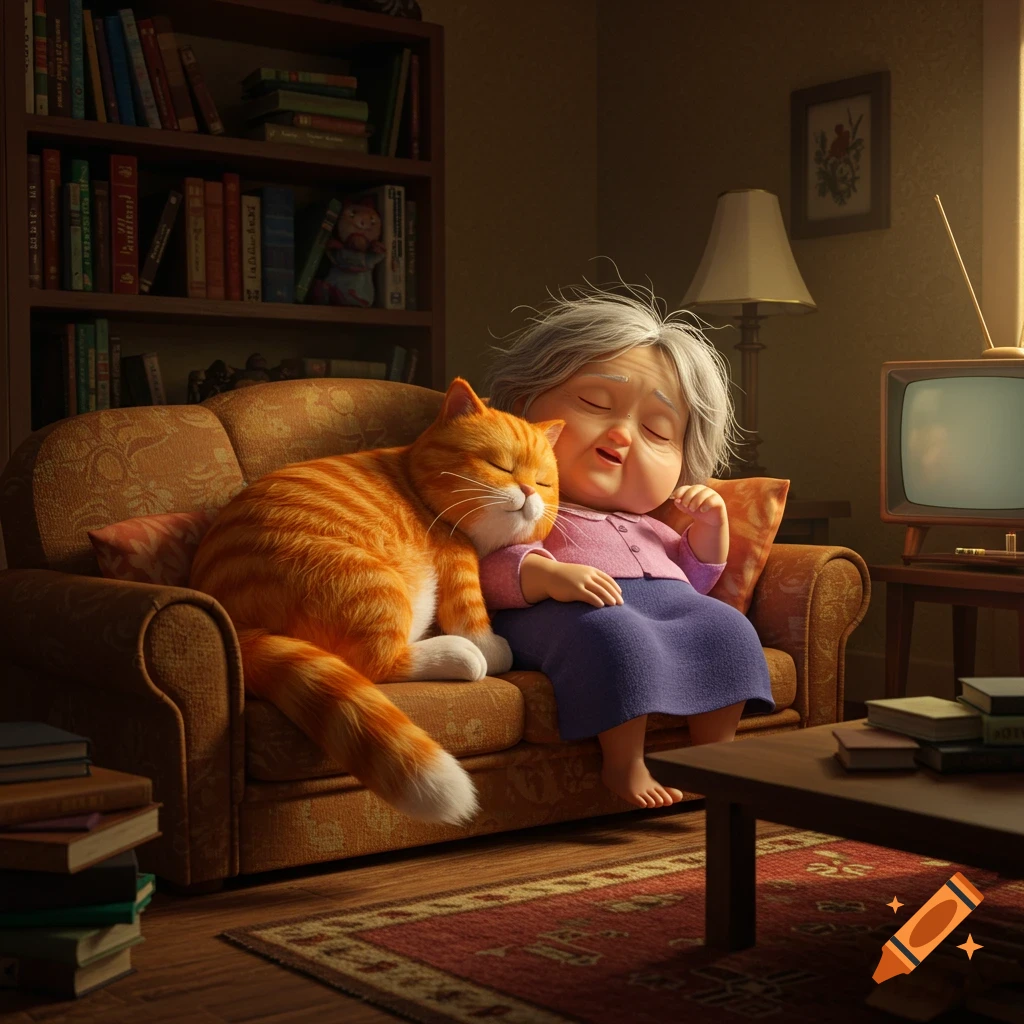 Computer animated elderly woman and her huge orange tabby cat sleeping soundly on a cozy couch in a warm living room.