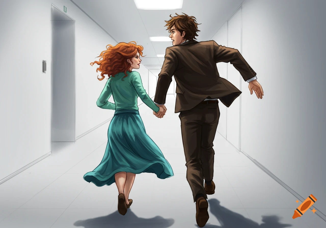 An illustration of a man and woman running hand-in-hand down a white hallway.