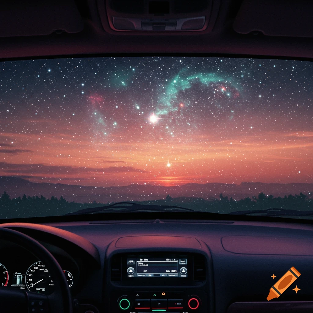 View from inside a car of a vibrant sunset blending into a starry night sky with colorful nebulae over distant mountains.