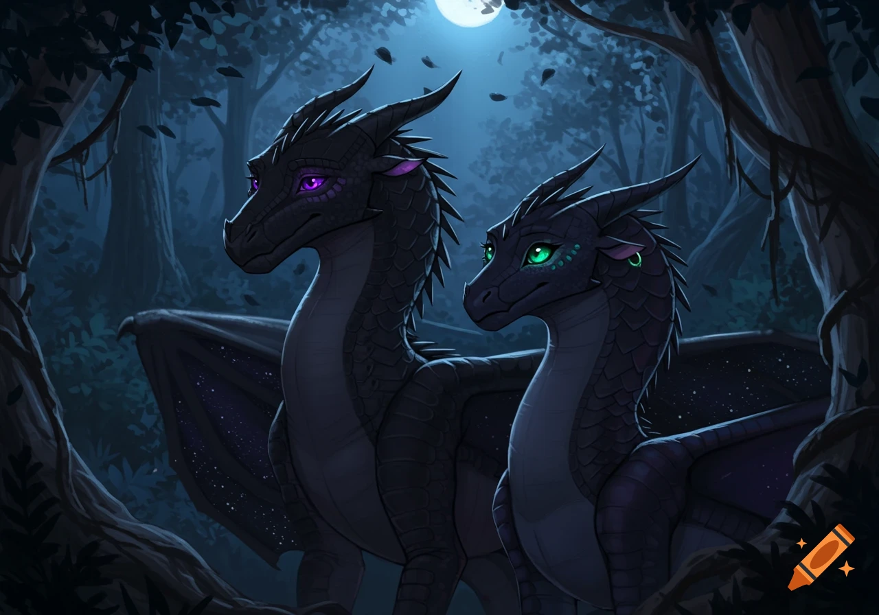 Two cartoon nightwing dragons, one with purple eyes and one with green, stand in a dark forest under a full moon.