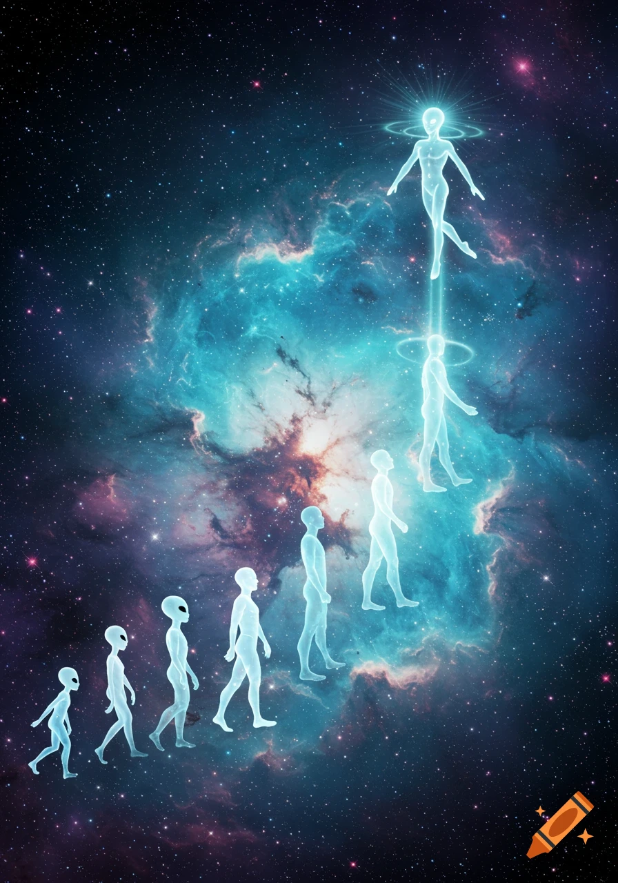 A stylized depiction of aliens evolving into humanoids, then ascending as ethereal, glowing figures into a vibrant cosmic nebula.