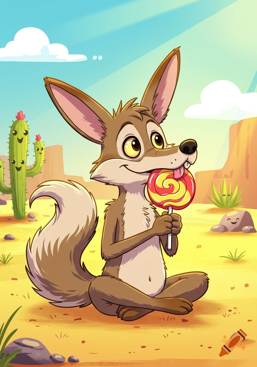 A cartoon coyote sits in a desert landscape with cacti and rocks, happily licking a red and yellow swirl lollipop.