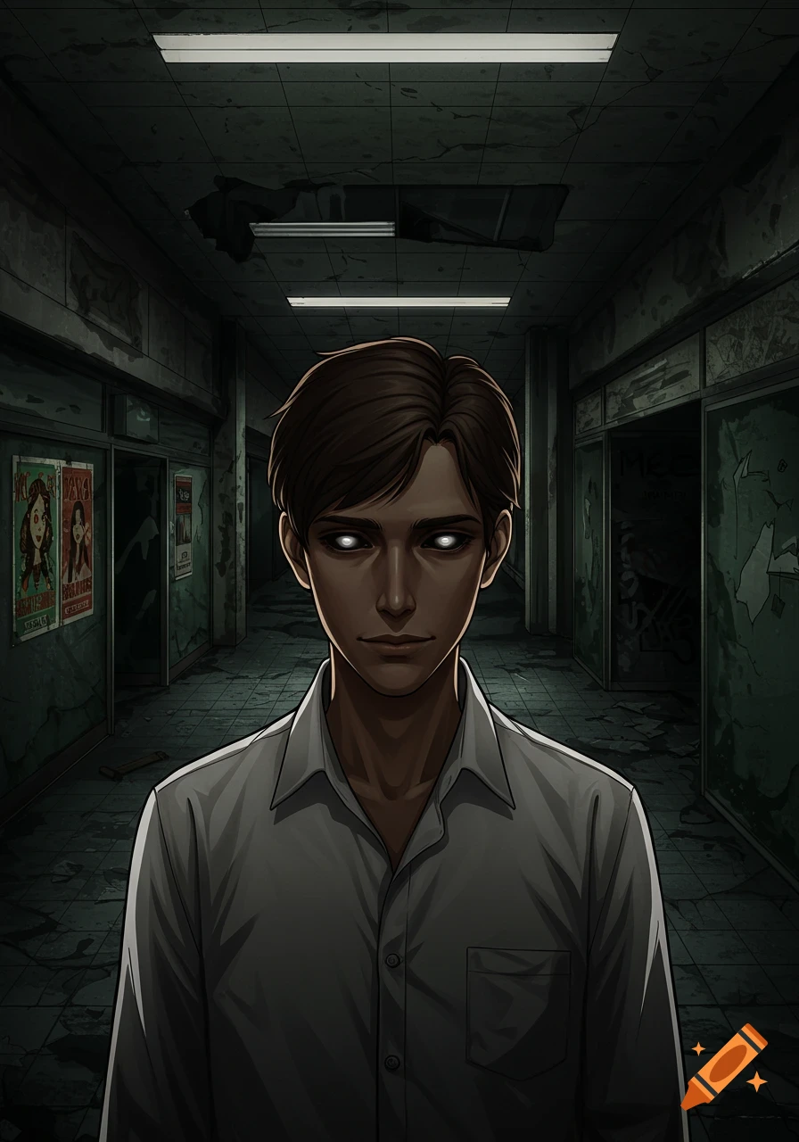 2D anime portrait of a man with glowing white eyes in a dark, abandoned hallway with posters on the walls.