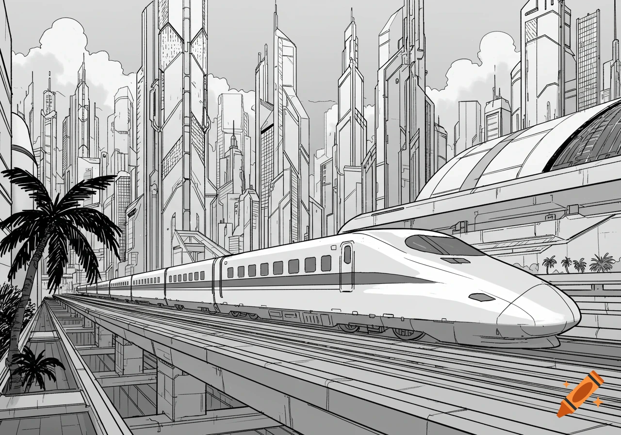 A modern bullet train travels on elevated tracks through a futuristic city, depicted in a black and white line art style.