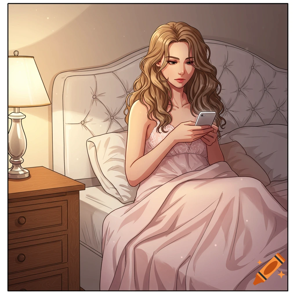 A woman with wavy blonde hair in a pink nightgown sits in bed, looking at her phone. Hand-drawn comic style.
