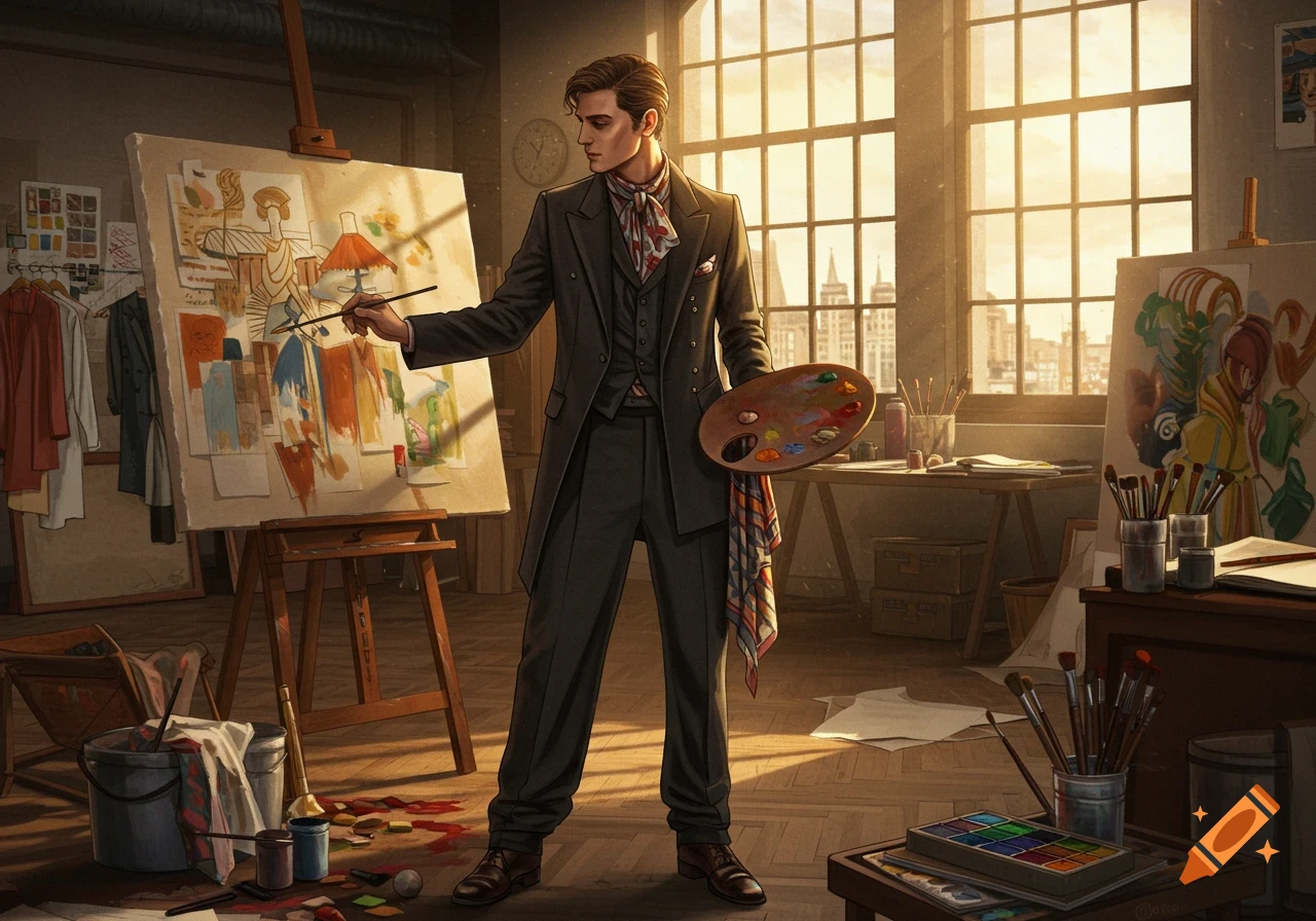 A stylish male artist paints a fashion illustration on an easel in a sunlit studio with large windows.