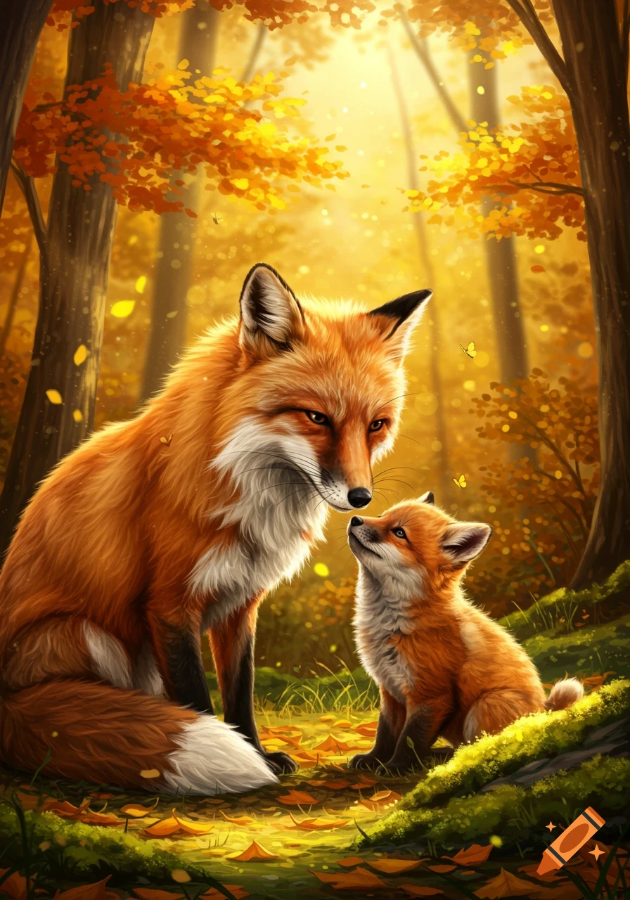An adult fox and a cub in a sun-drenched autumn forest, with the cub looking up at the adult. Digital painting style.
