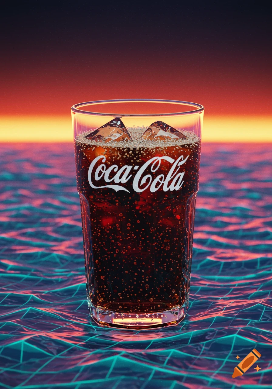 A glass of Coca-Cola with ice and bubbles sits on a glowing, pixelated synthwave ocean at sunset.