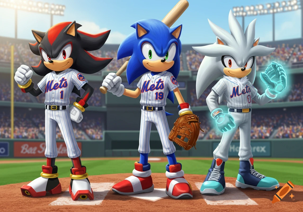Sonic, Shadow, and Silver in New York Mets baseball uniforms on a field. Sonic holds a bat and glove, Silver has glowing gloves.