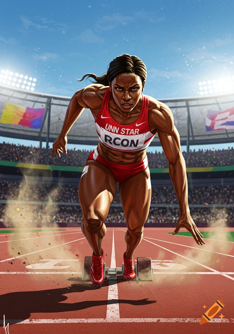 A muscular female track athlete in a red uniform crouches at the starting blocks in a stadium, ready to run. Dynamic, stylized illustration.
