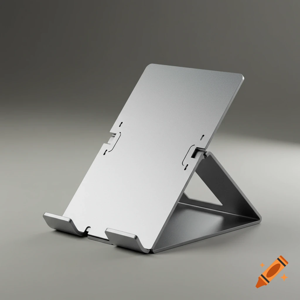 A sleek silver metallic foldable stand for a mobile phone or tablet, positioned on a smooth grey surface with a gradient background.