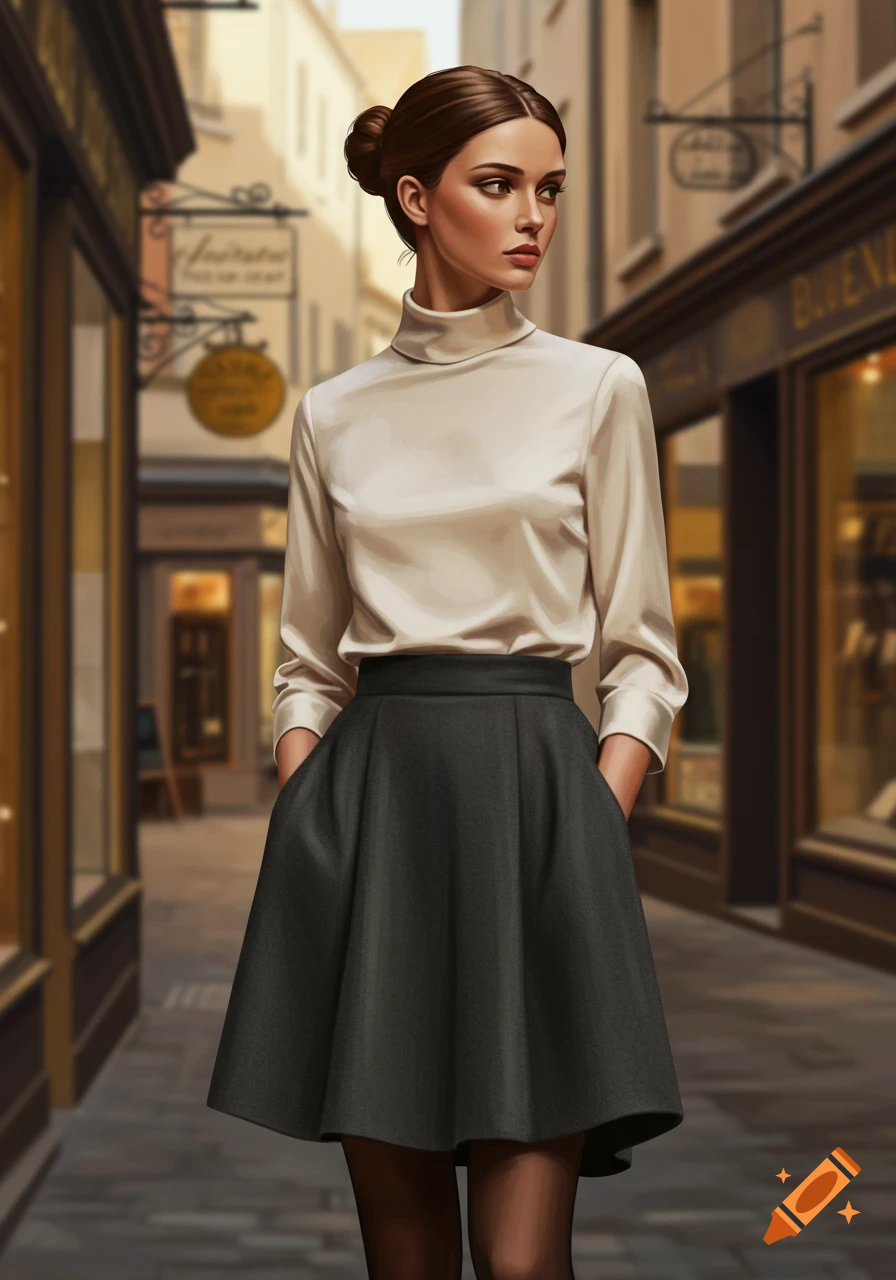A stylish woman in a cream turtleneck blouse and black pleated skirt walks on a European street lined with shops, looking right. Illustrated style.