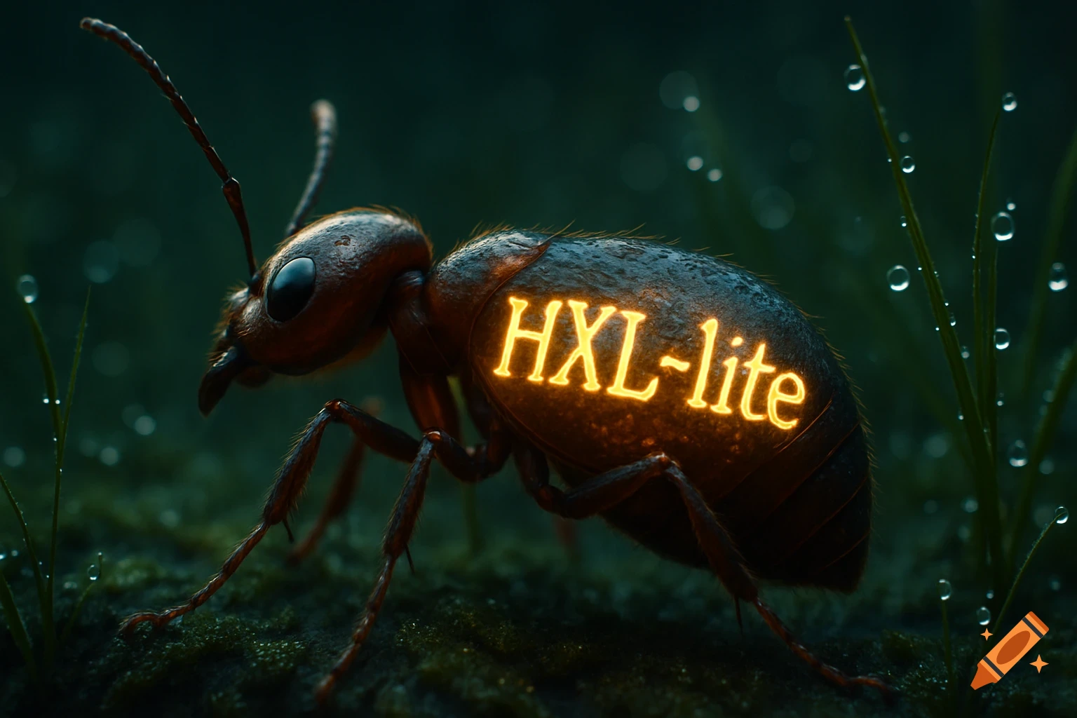 Photorealistic close-up of a brown ant with glowing orange text "HXL~lite" on its back, surrounded by dewy grass.