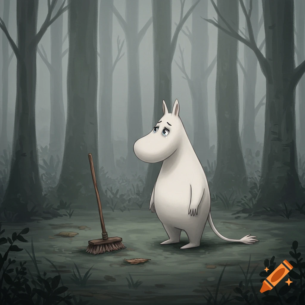 A sad white Moomin character with blue tears stands next to a wooden broom in a misty, dark forest with tall trees.