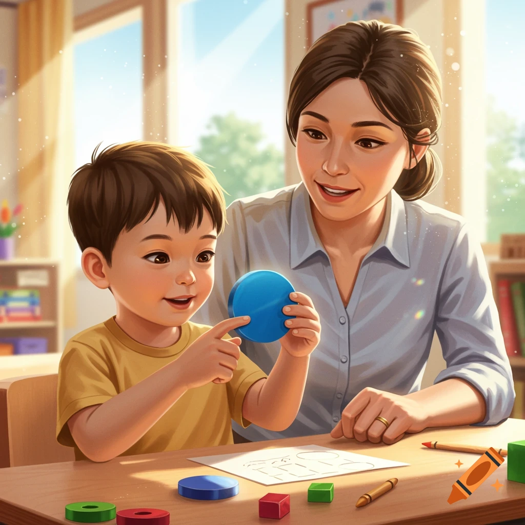 A smiling teacher watches as a young student points at a blue geometric circle in a brightly lit classroom.