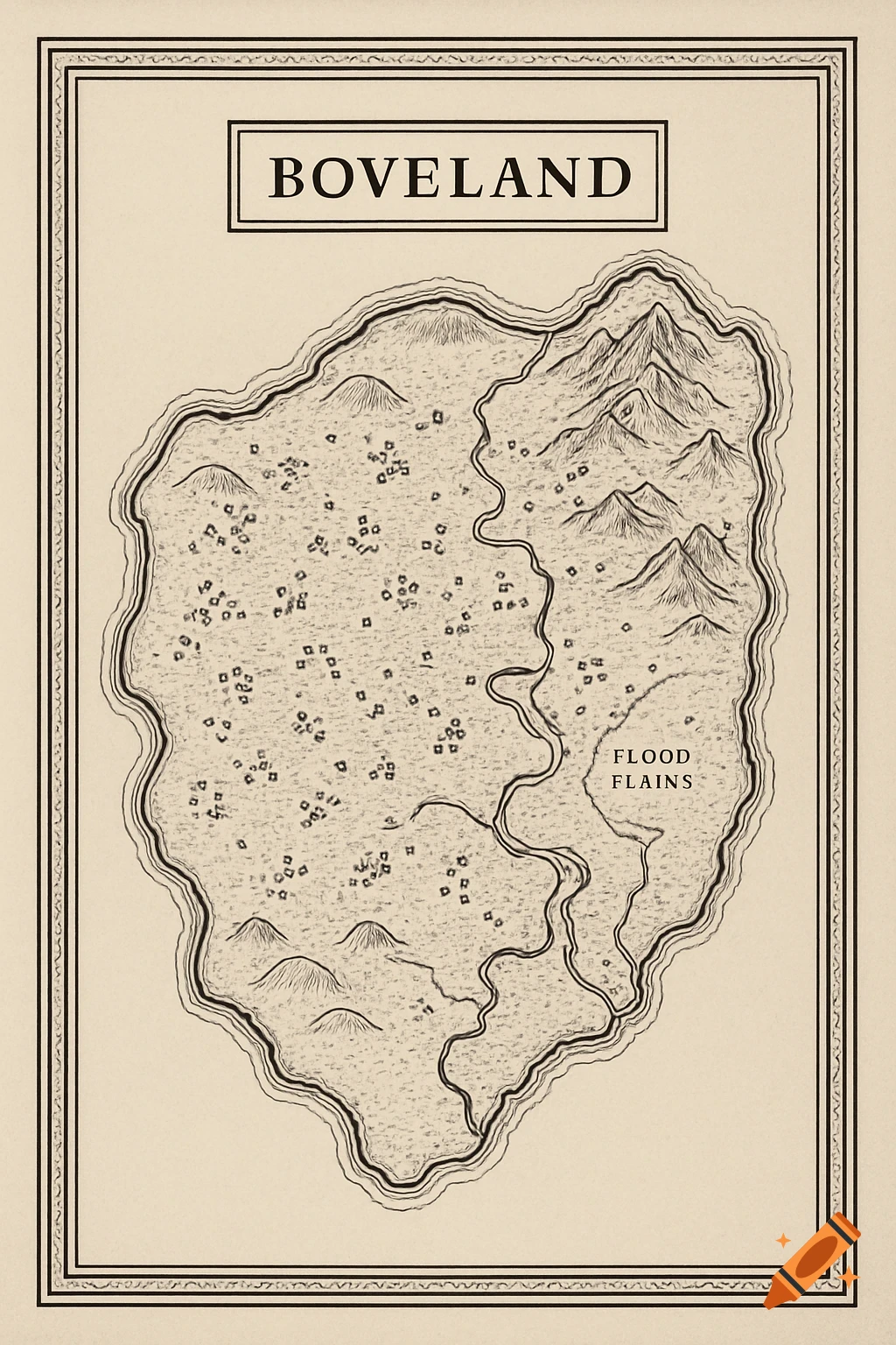 A black and white, hand-drawn style map of "Boveland", showing mountains, a river, fields, and flood flains, with a decorative border.