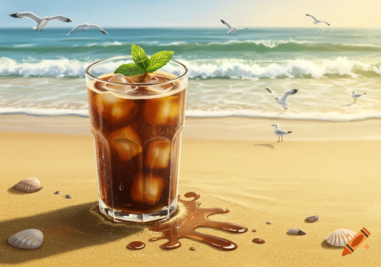 An iced coffee with mint sits on sandy beach next to spilled liquid and seashells, with seagulls flying over ocean waves in the background.