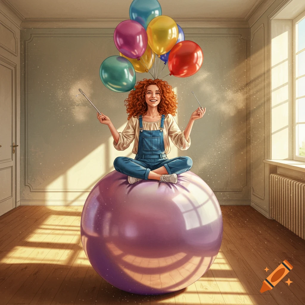 Illustrated smiling woman with curly red hair sitting on a large purple balloon, holding colorful balloons and metallic sticks in a bright room.