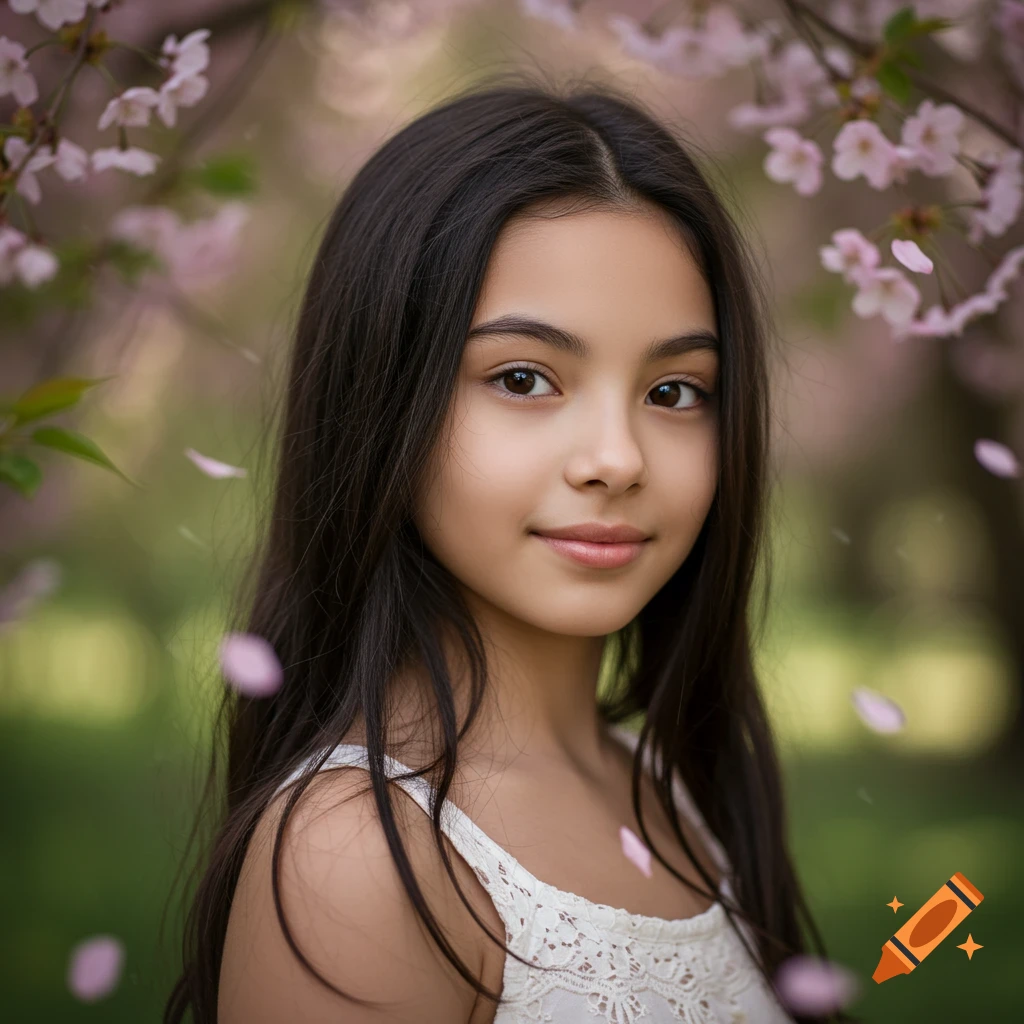 Photorealistic portrait of a young girl with dark hair and brown eyes in a white lace top, among pink cherry blossoms and petals.