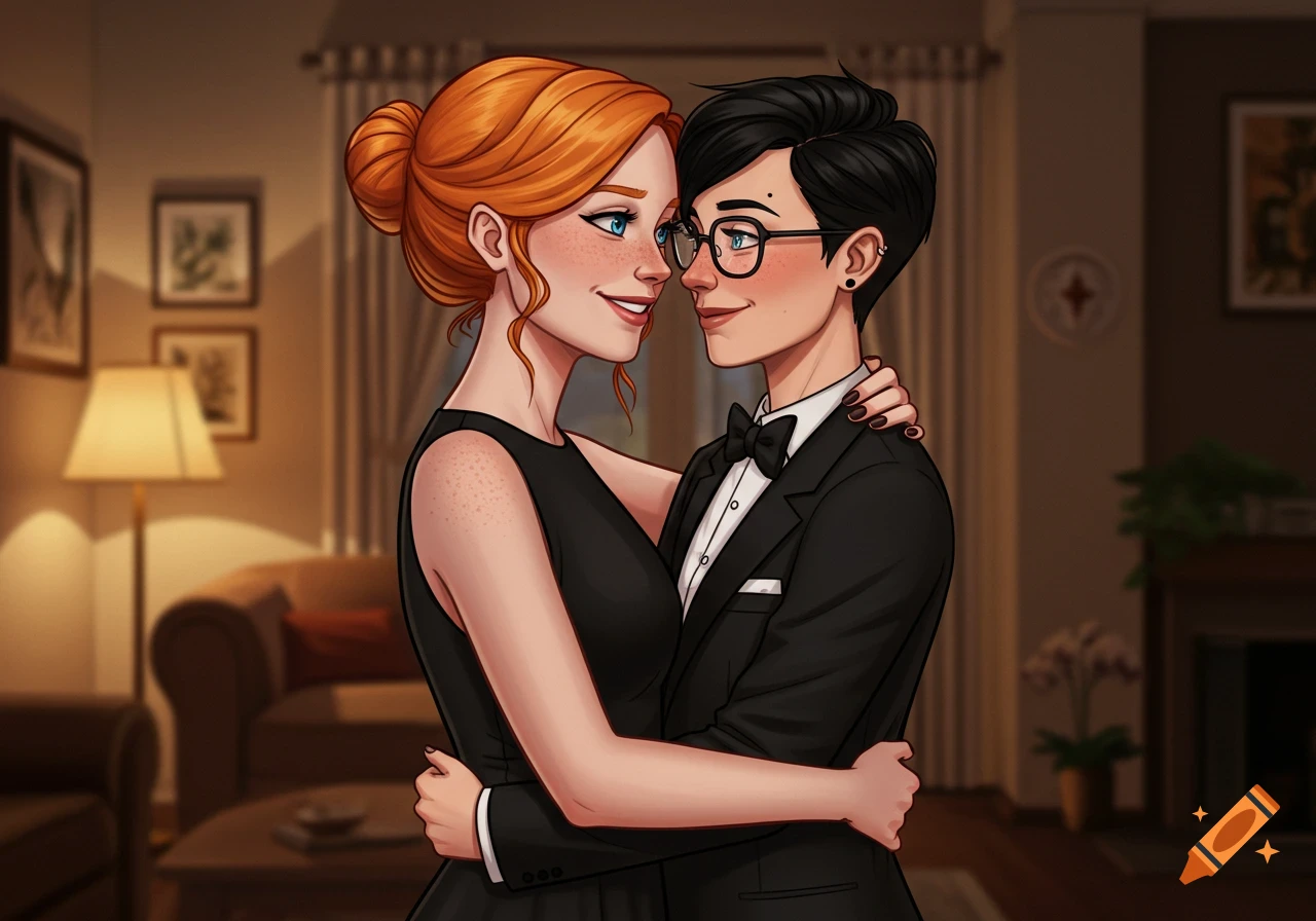 Digital illustration of a redhead woman in a black dress embracing her girlfriend in a tuxedo, both smiling in a home setting.