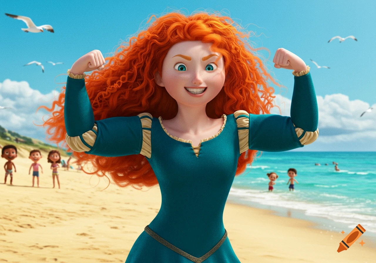 A cartoon Merida from Disney's Brave flexes her muscles on a sunny beach, with other children and seagulls in the background.
