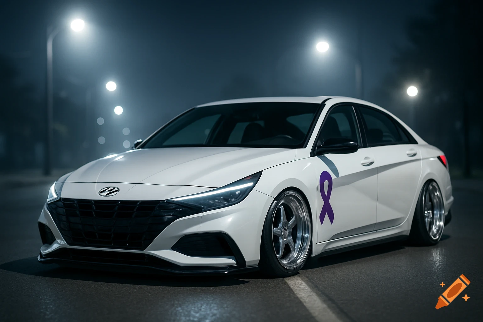 A white customized Hyundai Elantra N line car with deep dish rims and a purple ribbon, parked at night under streetlights.