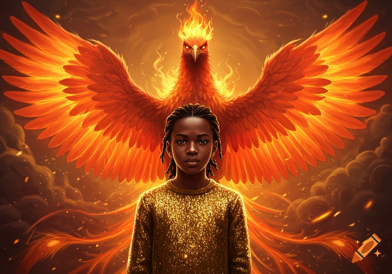 A young black boy with braids wearing a gold sweater stands in front of a majestic fiery phoenix with outstretched wings.