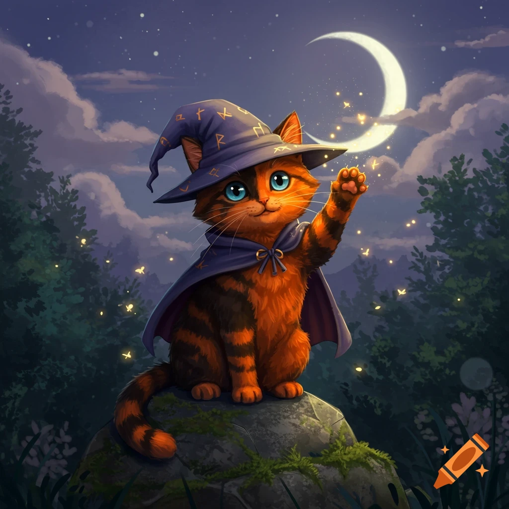 A cute black and orange wizard cat with blue eyes and a purple hat and cape, waving from a rock under a crescent moon with fireflies.