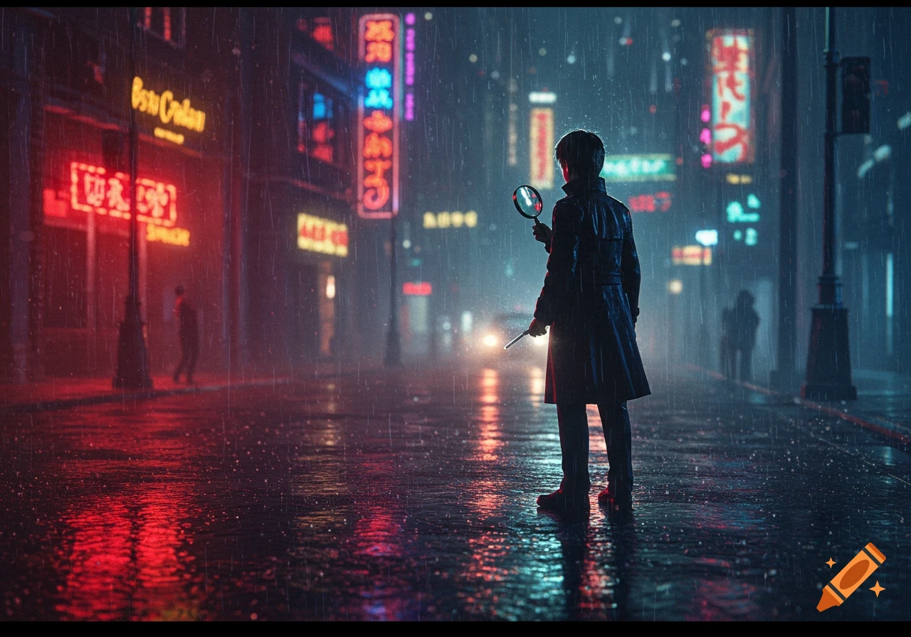A detective in a trench coat holds a magnifying glass on a rainy, neon-lit city street at night, looking mysterious and moody.