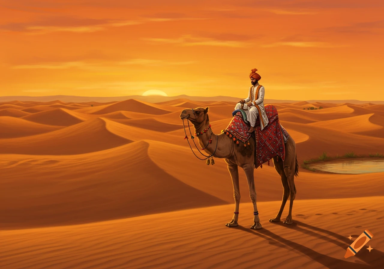 An Indian man in traditional attire rides a decorated camel through a vast desert at sunset, with a small oasis in the distance.