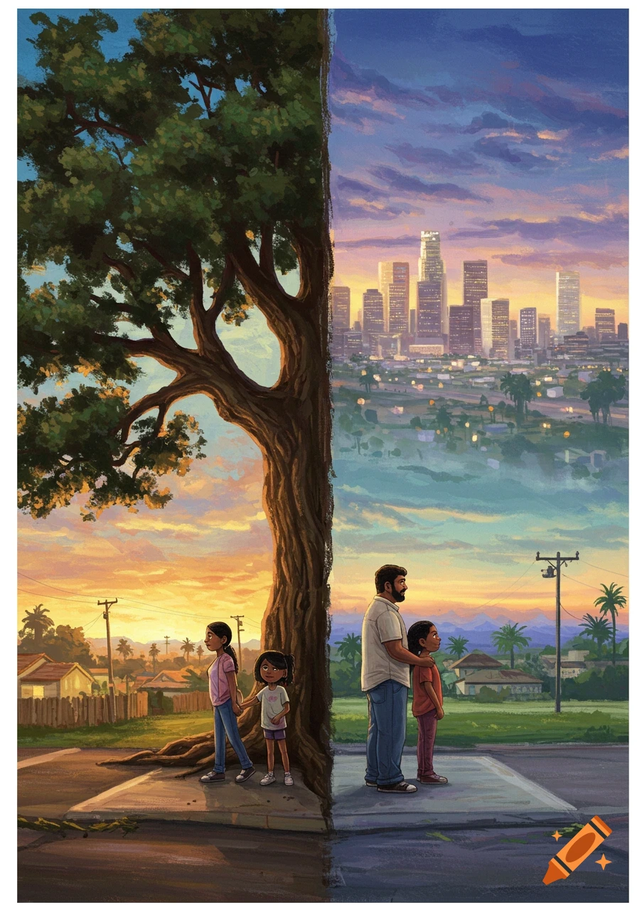 Illustrated image of a family standing at a divide: one side shows a large tree and suburban homes at sunset, the other a city skyline at dusk.