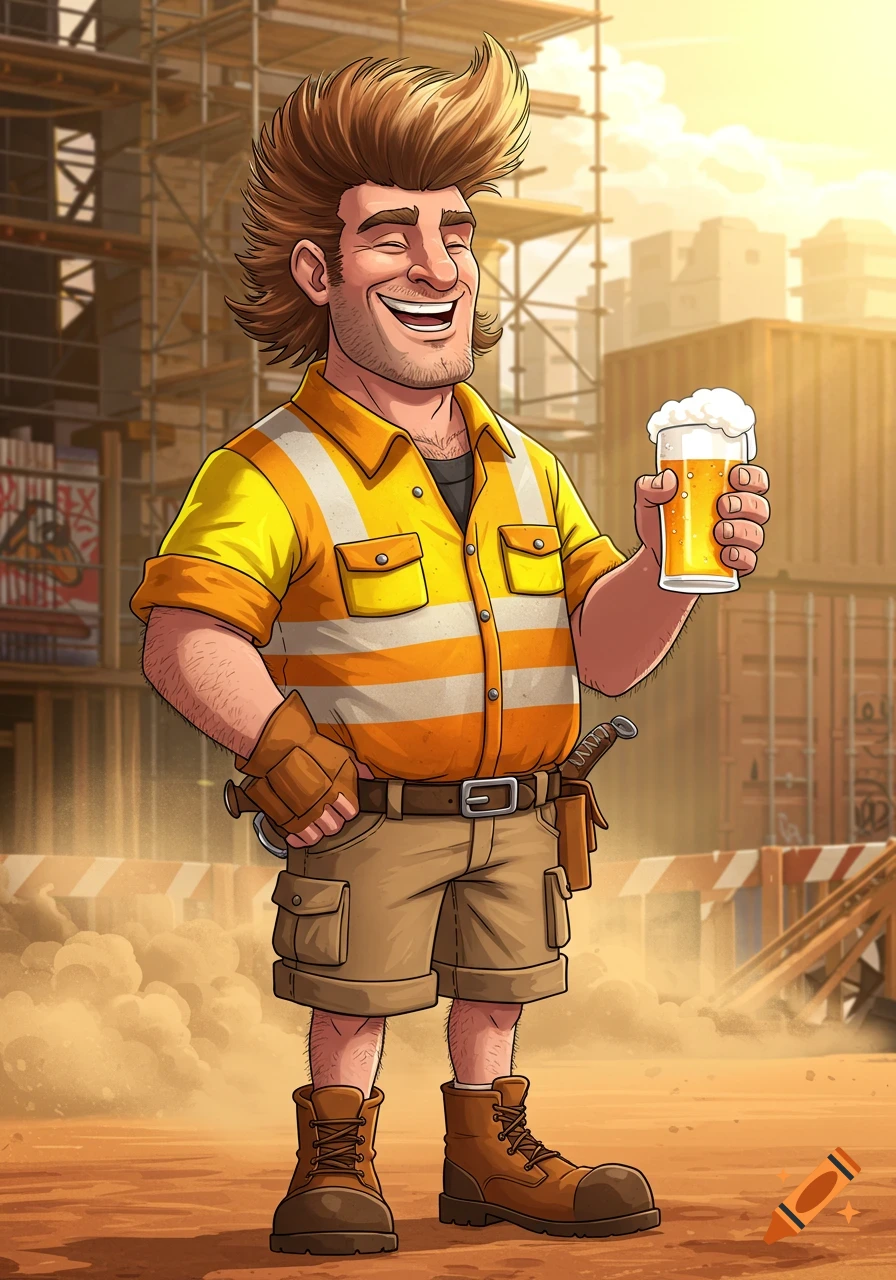 Animated smiling construction worker in high-vis shirt and shorts holding a beer at a dusty construction site.