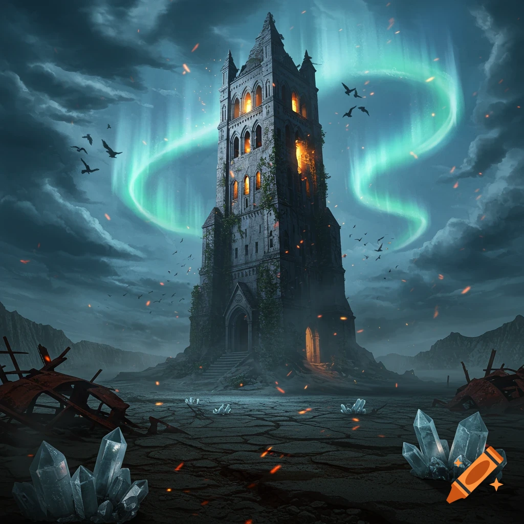 A tall, dark gothic wizard tower in a desolate, cracked landscape under a green aurora, with crystals and debris.