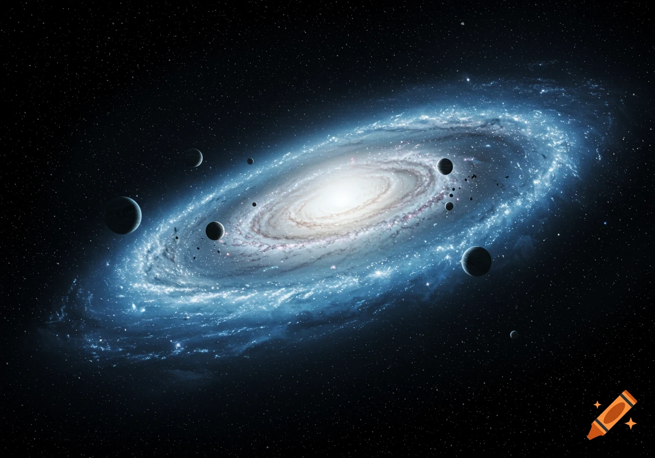 A vibrant spiral galaxy with a bright core and blue arms, surrounded by scattered stars and multiple planets in deep space.