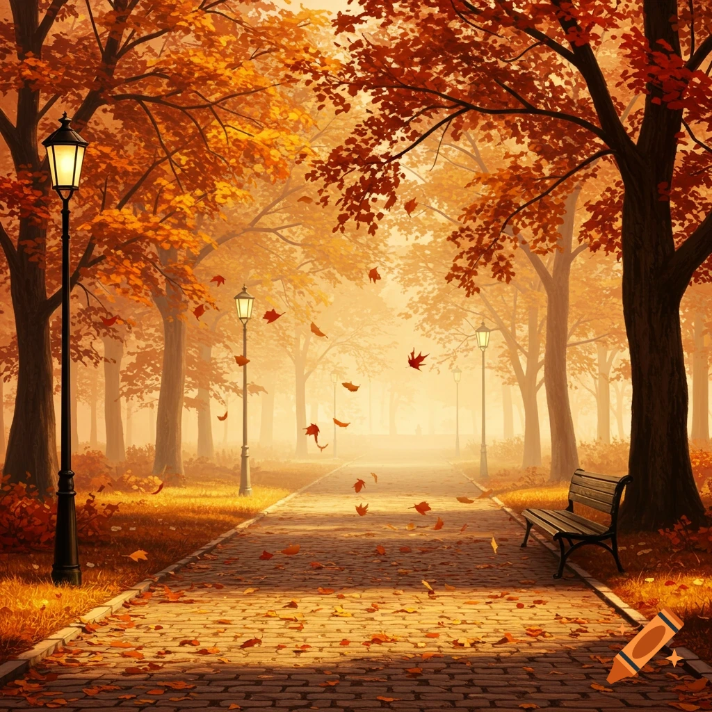 A photorealistic autumn park scene with a paved path, falling orange leaves, illuminated street lamps, and a bench under vibrant trees.