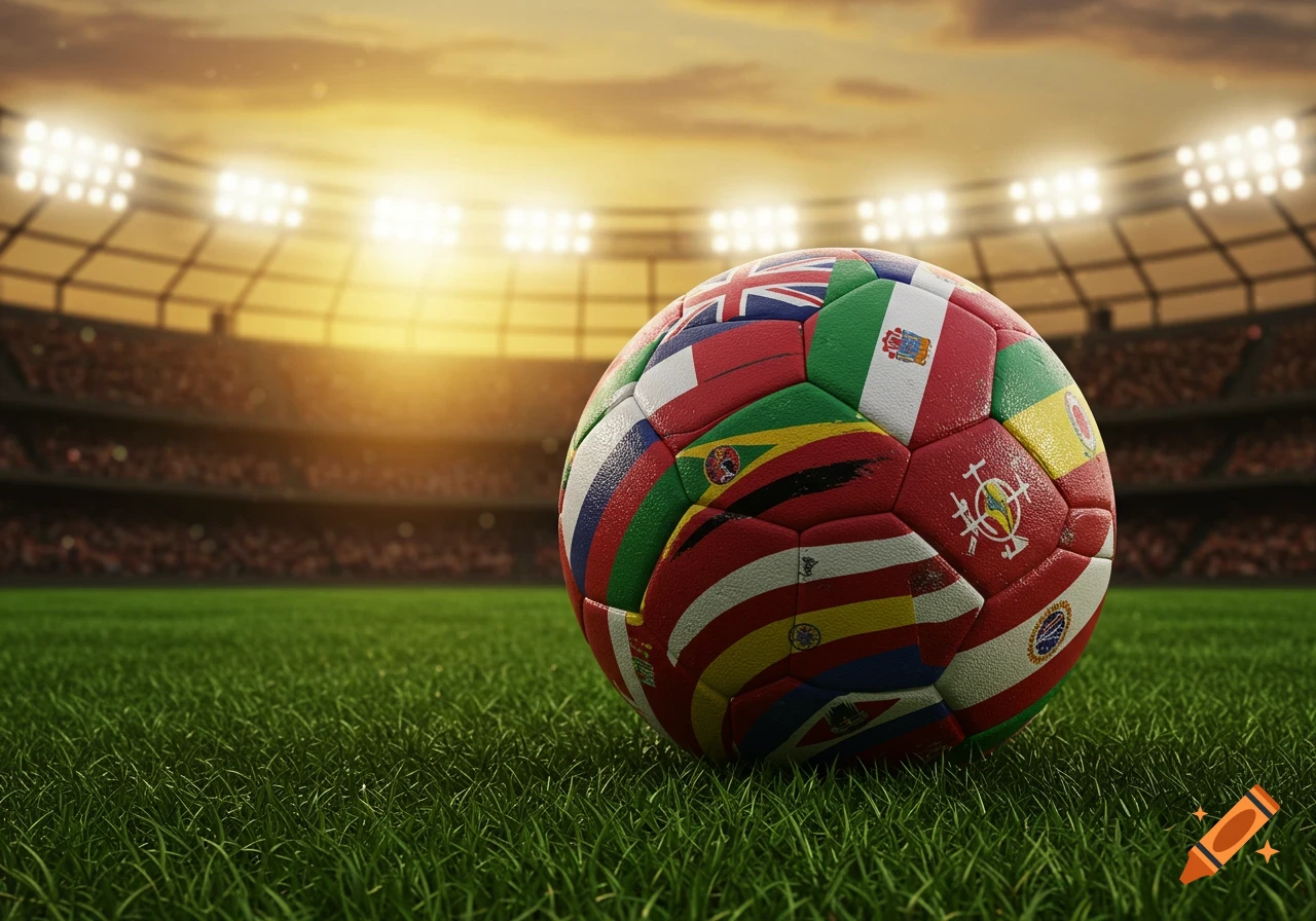 A photorealistic football covered in various national flags sits on a green grass field in a brightly lit soccer stadium at sunset.