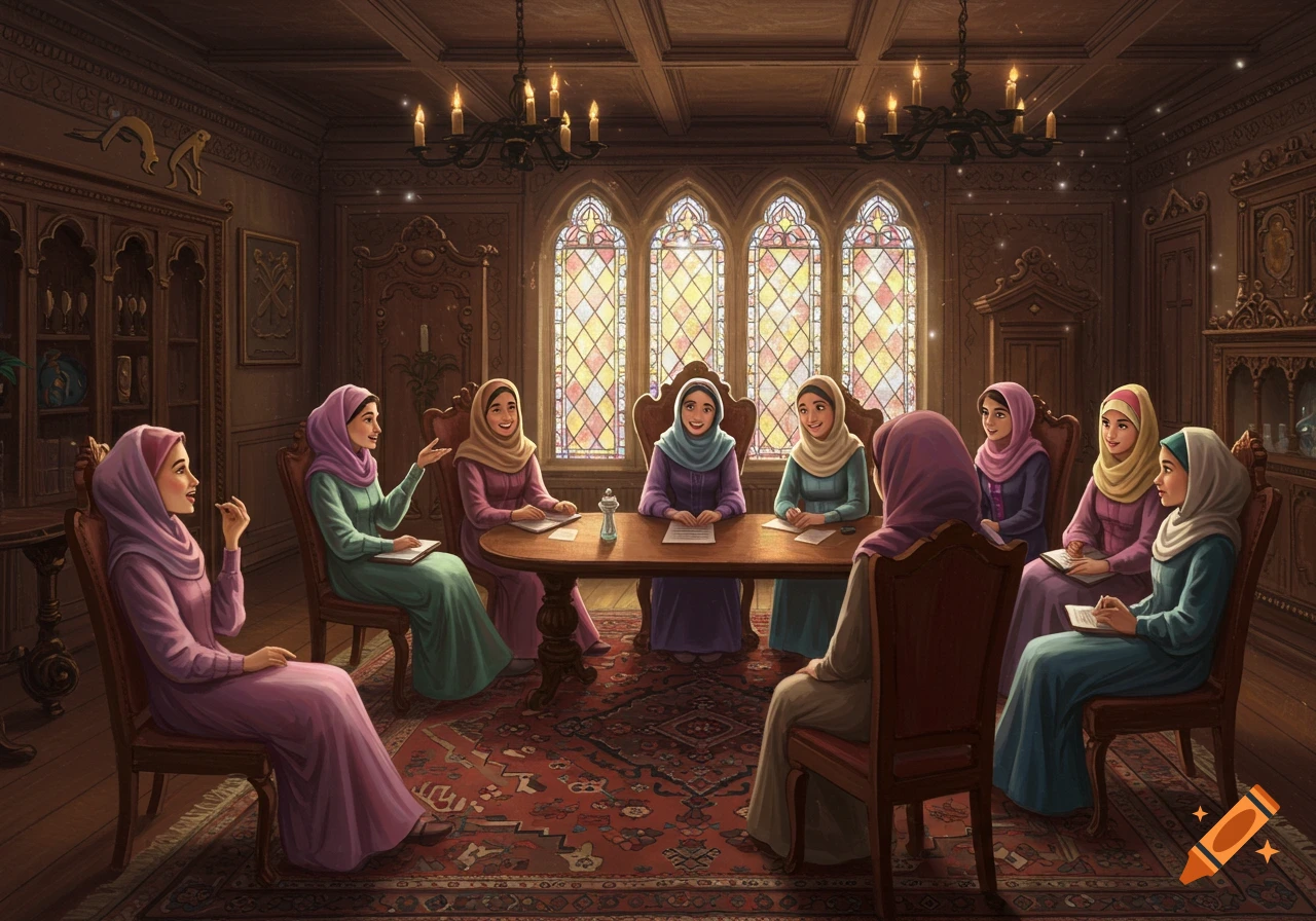 An illustration of veiled Muslim women in a grand, candlelit meeting room with stained-glass windows, some taking notes.